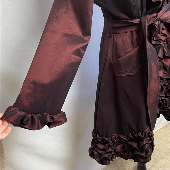 Samuel Dong classic ruffle trench coat evening wear Crimson Satin - Picture 10 of 17